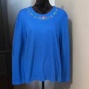 Fashion Classics‎ Top Women’s XL Blue Embroidered Floral Long Sleeve Holiday
